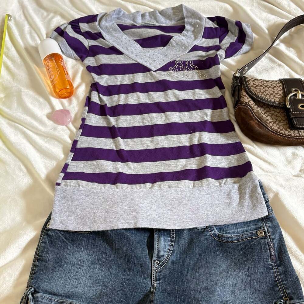 Mika Purple and Gray Striped V-Neck Short Sleeve Top with Rhinestones Size L